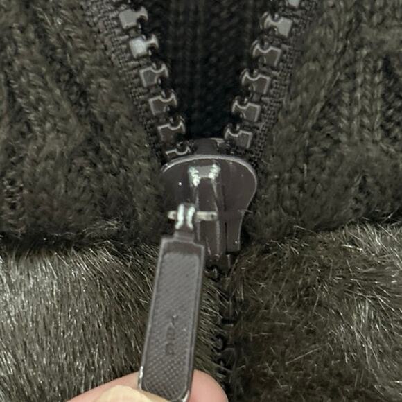 Vintage 90s Y2K Chocolate Brown Faux Fur Ribbed Knit Zip Up Sweater Cardigan Lg - Picture 11 of 15